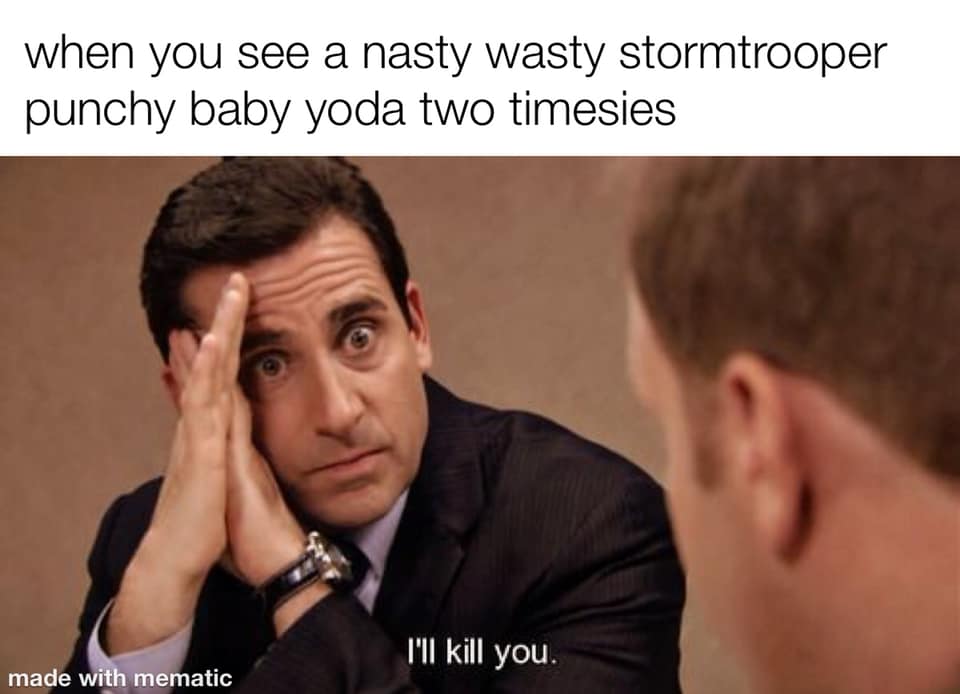 This meme is a screenshot from the TV show "The Office" featuring Michael Scott (played by Steve Carell) in a state of shock and confusion. The text overlay reads: "In a galaxy far, far away... a Wookiee, a Jedi, a Sith Lord, and a Stormtrooper walk into a bar...". However, the actual image shows Michael's reaction to a different situation, where he says "I'll... I'll... I'll kill you!" in response to seeing a "droid" (a robot) on a TV show.